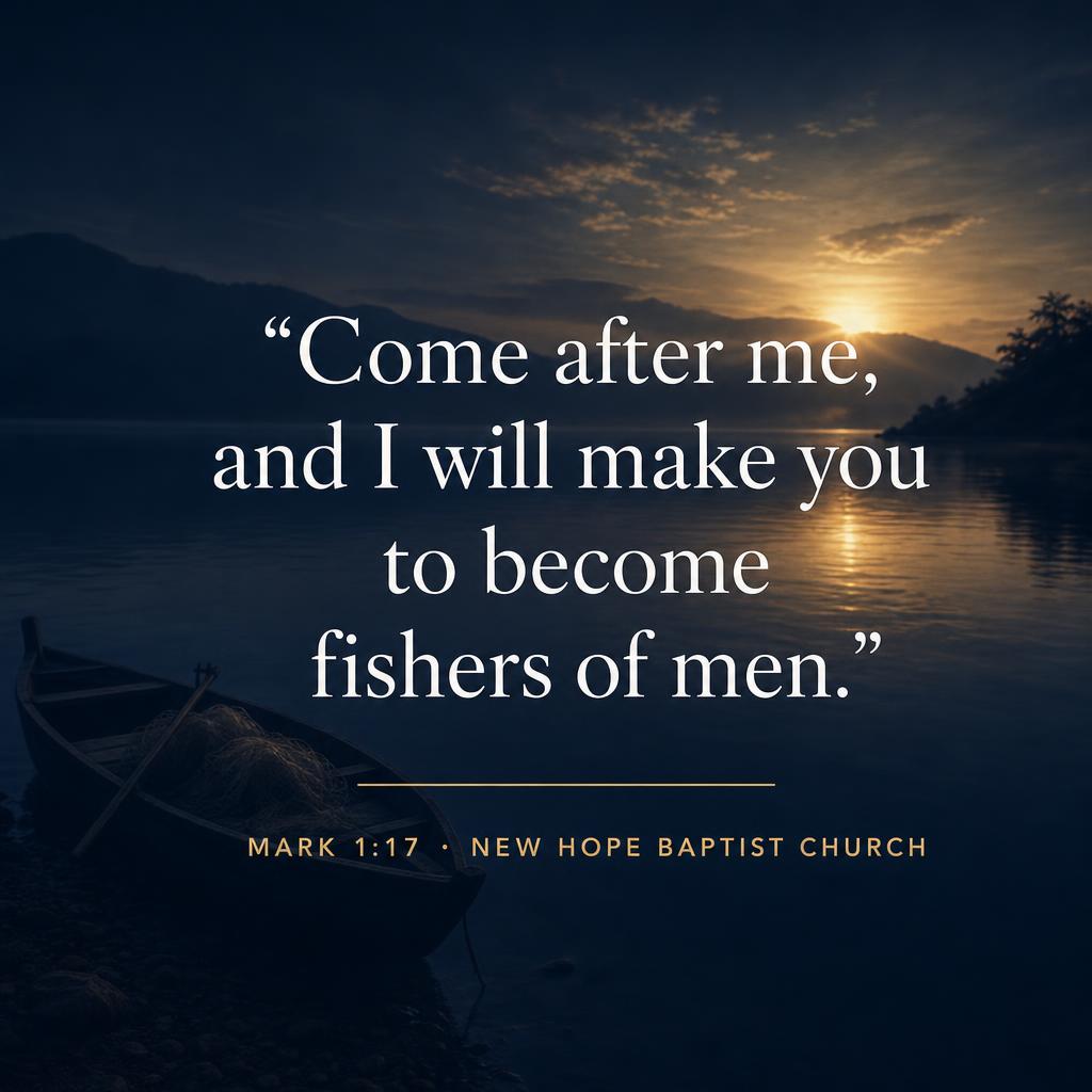 Quote graphic: 'Come after me, and I will make you to become fishers of men.' — Mark 1:17
