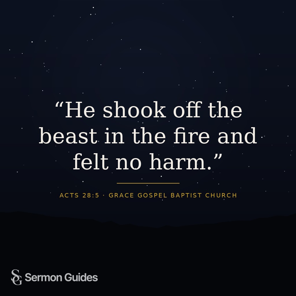 Graphic showing Acts 28:5 quote in crisp white lettering over an image of glowing embers.