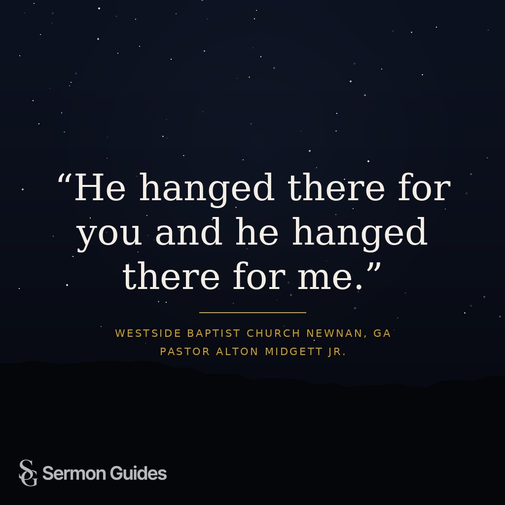 A quote graphic recalling that Jesus hung on the cross for each person.