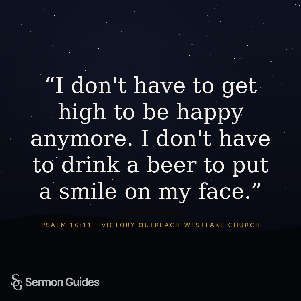 A quote graphic shares the preacher’s testimony of finding joy without drugs or alcohol.
