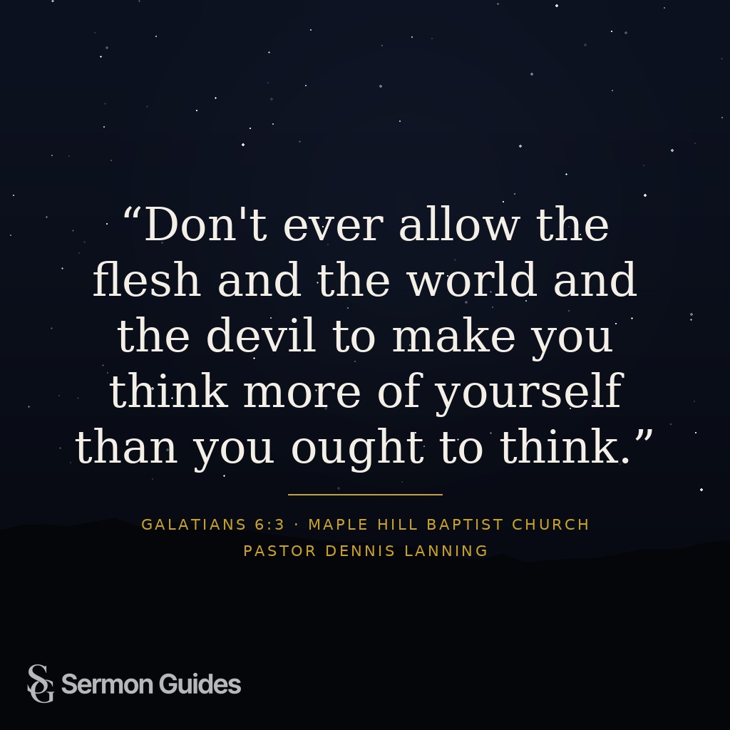 A sermon quote graphic cautioning against letting pride distort how we see ourselves.