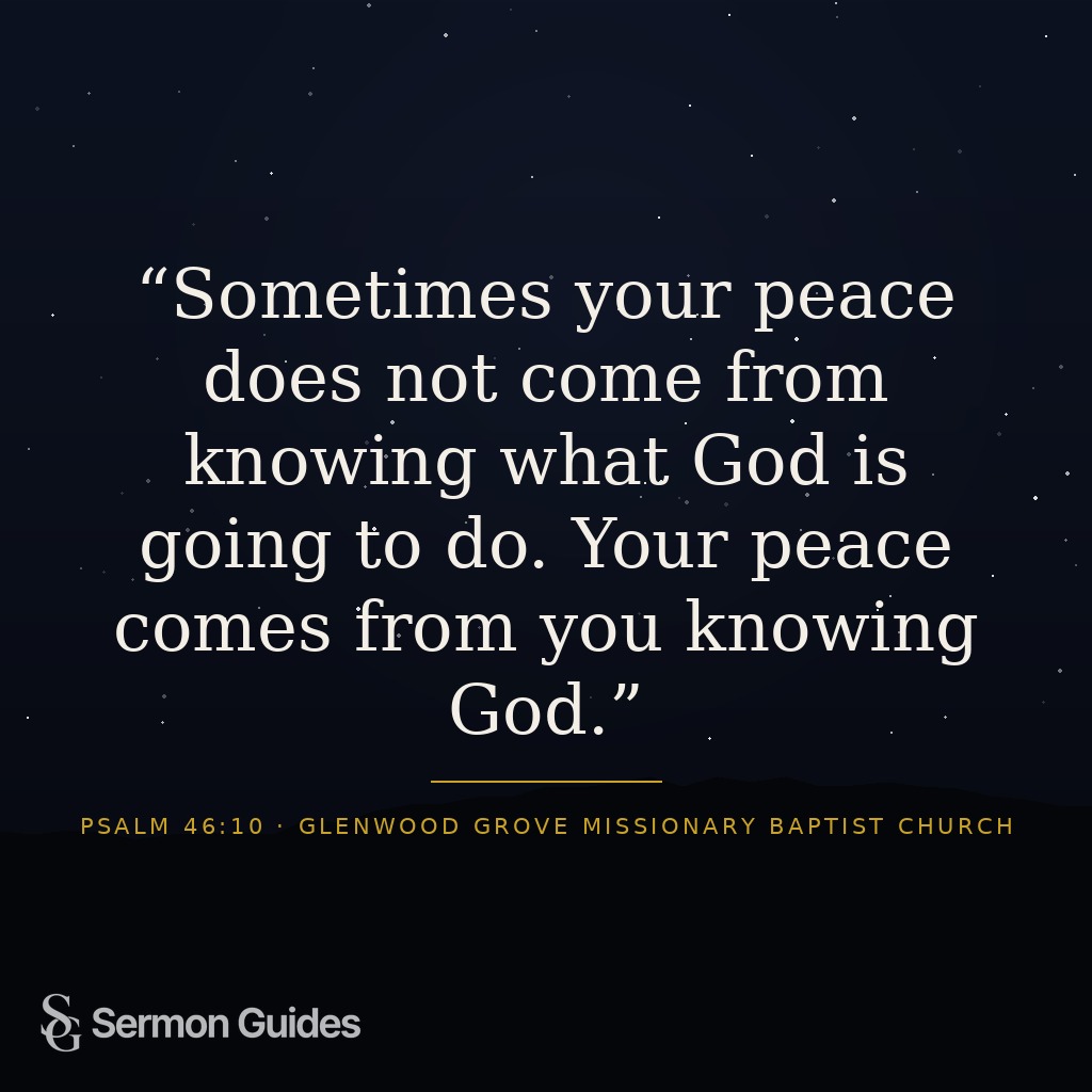 A quote graphic sharing the preacher’s words about finding peace by knowing God.