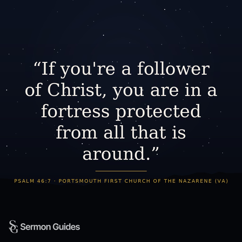 Graphic displaying the quote about being protected in Christ's fortress against a dark textured background.