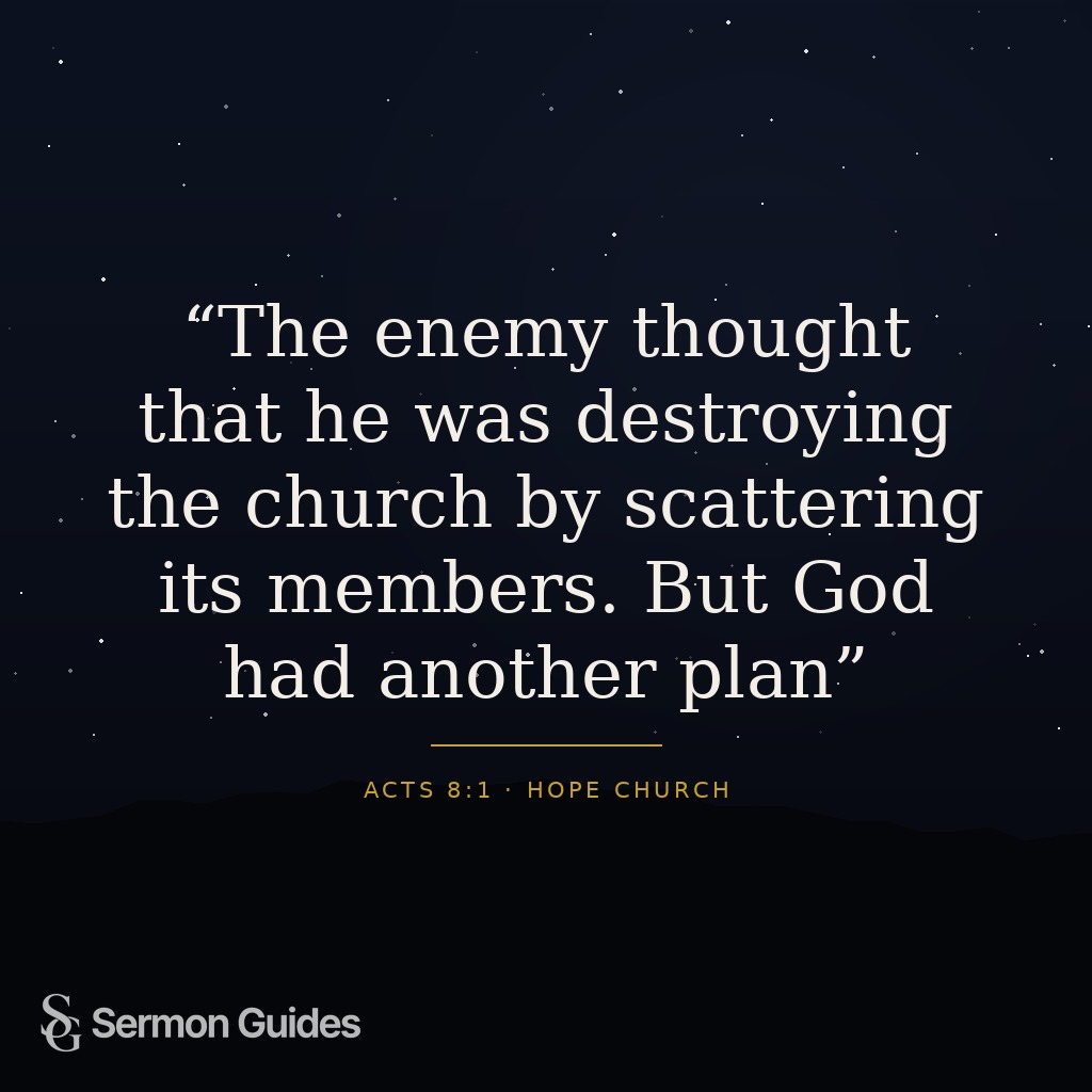 Graphic with white text on dark background quoting Pastor Tom on God having a plan when the church is scattered.